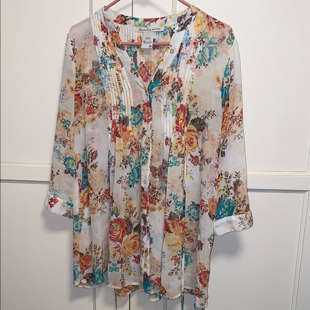 American Rag Medium Cream Pleated Blouse with Mandarin Collar